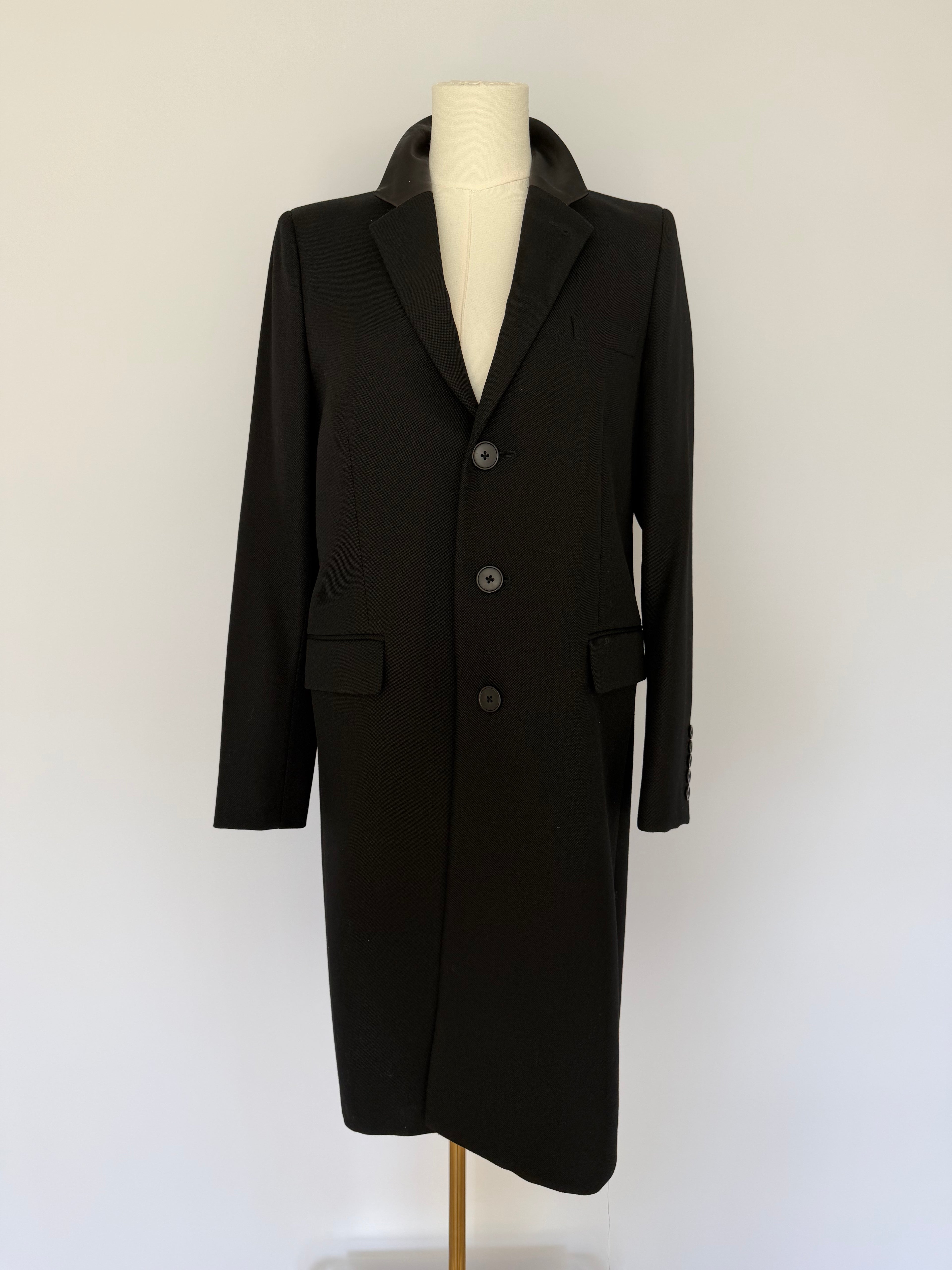 Saint Laurent Paris Black Wool Overcoat with Satin Lapel | Hedi Slimane Era Tailored Coat (2013–2016)